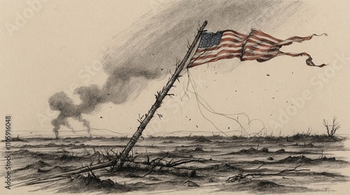 Tattered American Flag on Battlefield