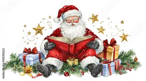 Santa Claus Reading Storybook Surrounded by Holiday