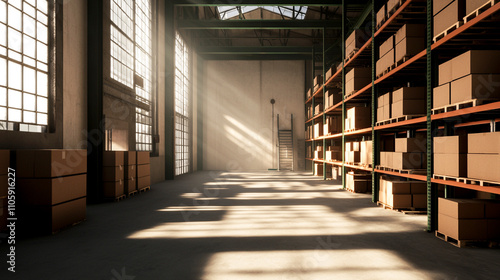 Wallpaper Mural Sunlit warehouse interior with stacked boxes and high shelves, showcasing an organized storage facility. Torontodigital.ca