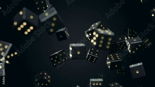 3D animation of falling black dice on a black background.