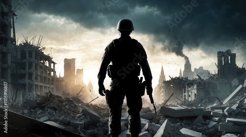 Wallpaper Mural Silhouetted soldier amidst rubble under stormy sky Torontodigital.ca