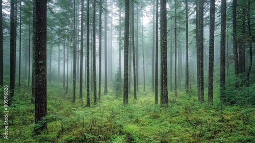 Misty forest with tall trees and lush green groundcover.