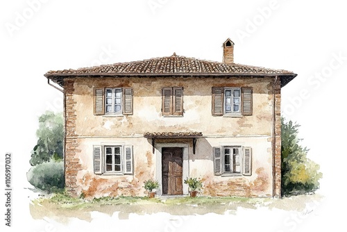 Watercolor old house surrounded by greenery