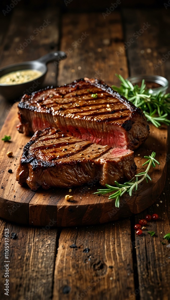 Fototapeta premium Delicious grilled T-bone steak served on a rustic wooden board.