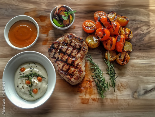 A medium shot of a grilled steak with charred marks, accompanied by roasted cherry tomatoes, creamy dips, and fresh herbs on a wooden board. Rustic tones and gourmet plating elevate the artisanal dini photo