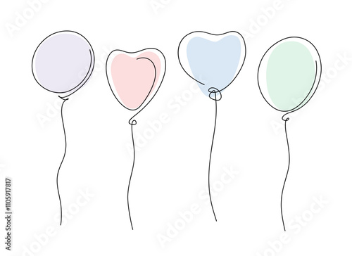 A set of colorful flying balloons hand-drawn in one line, isolated on white, vector. A festive decorative element for decoration, gift, greetings, postcards. Contour drawing with a colored spot
