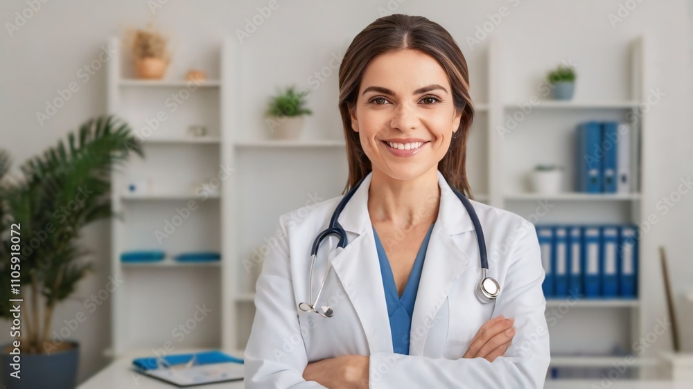 Happy Brazilian woman general practitioner in coat posing at workplace, looks confident and satisfied with career growth, her mission in private clinic Happy Brazilian woman general practitioner in coat posing at workplace, looks confident and satisfied with career growth, her mission in private clinic