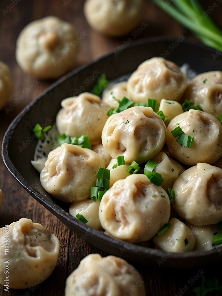 Delicious pelmeni served with green onions, captured from above. Delicious pelmeni served with green onions, captured from above.