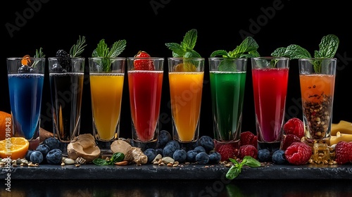 Vibrant Rainbow of Fruit-Infused Drinks: A Culinary Photography Still Life AI Generated