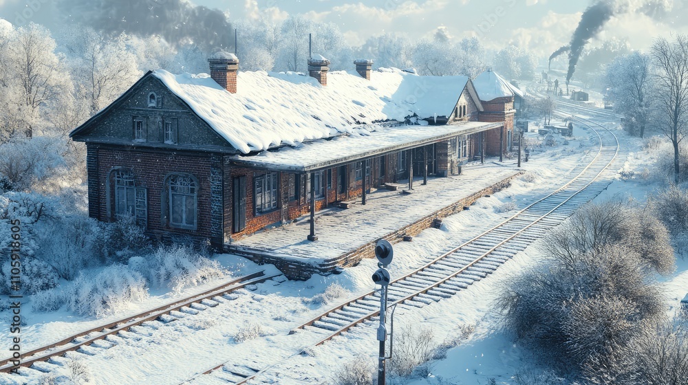 Peaceful rural train station in winter, with snow-covered roofs and tracks stretching through snowbanks Peaceful rural train station in winter, with snow-covered roofs and tracks stretching through snowbanks