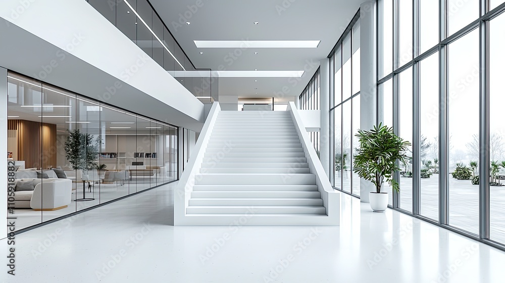 Fototapeta premium Modern bright white two floors coworking office interior with furniture and empty mock up place on wall. 3D Rendering