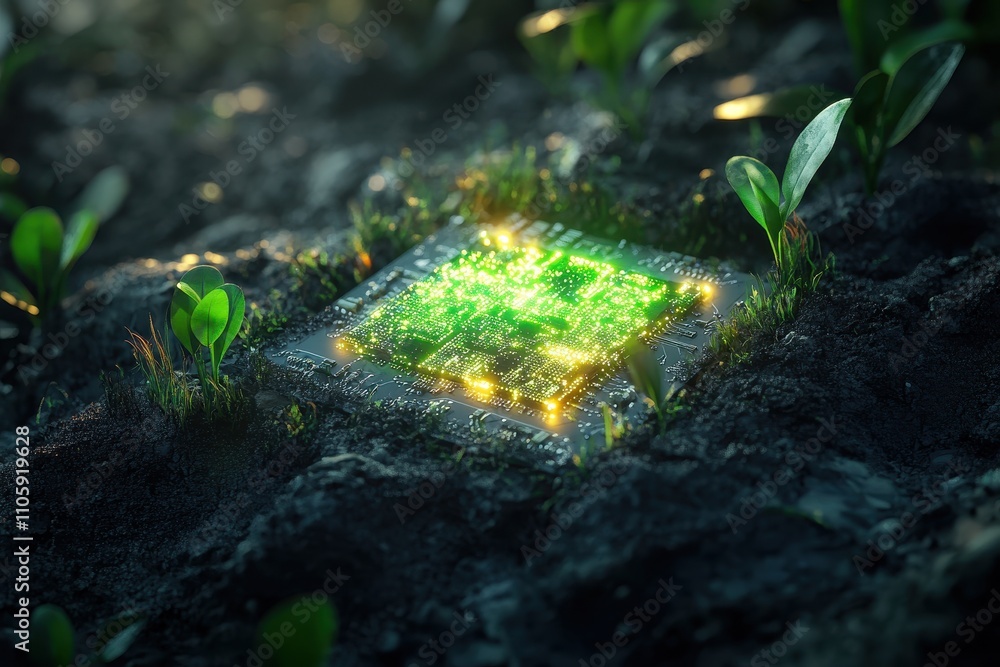 Glowing AI Microchip Embedded in Soil Connecting with Growing Plant Leaf Symbolizing Green Technology and Sustainable Innovation Glowing AI Microchip Embedded in Soil Connecting with Growing Plant Leaf Symbolizing Green Technology and Sustainable Innovation