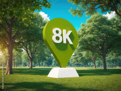 Giant 3D map marker standing in a park, blending modern design with natural surroundings photo