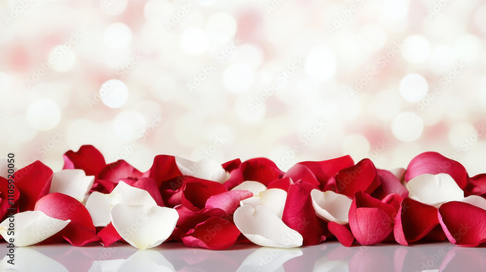 Scattered rose petals in mix of red and white create romantic atmosphere, perfect for celebrations or special occasions. soft colors and blurred background enhance elegance Scattered rose petals in mix of red and white create romantic atmosphere, perfect for celebrations or special occasions. soft colors and blurred background enhance elegance