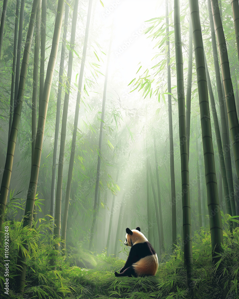 Panda sitting peacefully in misty bamboo forest Panda sitting peacefully in misty bamboo forest