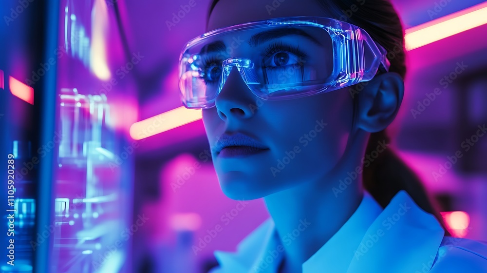 Female Scientist Studying Data Screen in Neon Lit Lab Female Scientist Studying Data Screen in Neon Lit Lab