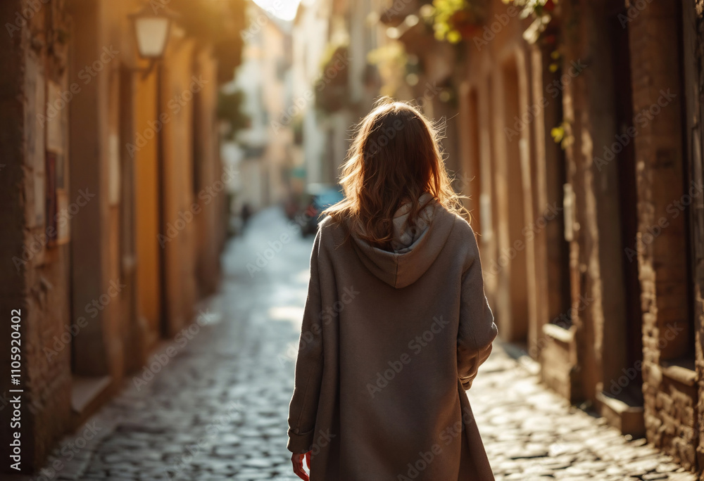 Woman Walking: An atmospheric rear view of a woman in a gray hoodie strolling down a narrow cobblestone street, bathed in the warm glow of sunset. Woman Walking: An atmospheric rear view of a woman in a gray hoodie strolling down a narrow cobblestone street, bathed in the warm glow of sunset.