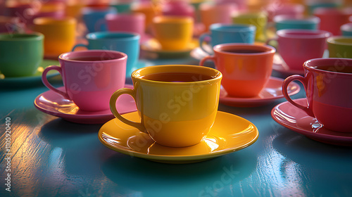 Colorful Teacups on Teal Table, A Vibrant Still Life of Many Teacups Filled with Tea, Arranged in a Delightful Pattern, Showing a Focus on a Single Yellow Teacup in the Foreground.