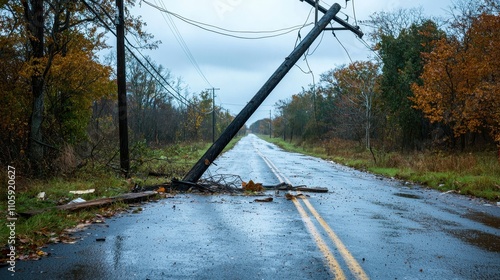 Fallen Power Pole on Abandoned Road After Severe Weather Event