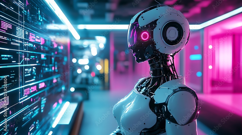 Female Robot Observing Digital Data Interface Female Robot Observing Digital Data Interface