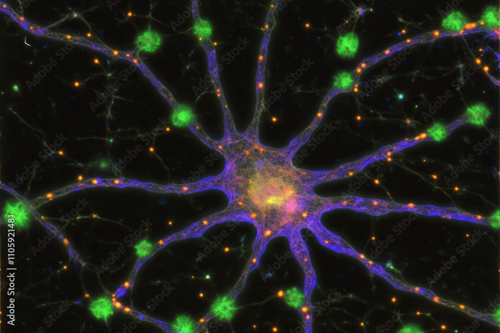 Naklejka premium Microscopic View of Artistic Neurons with Glowing Connections and Vibrant Colors Depicting Complex Neural Networks in a Dark Background