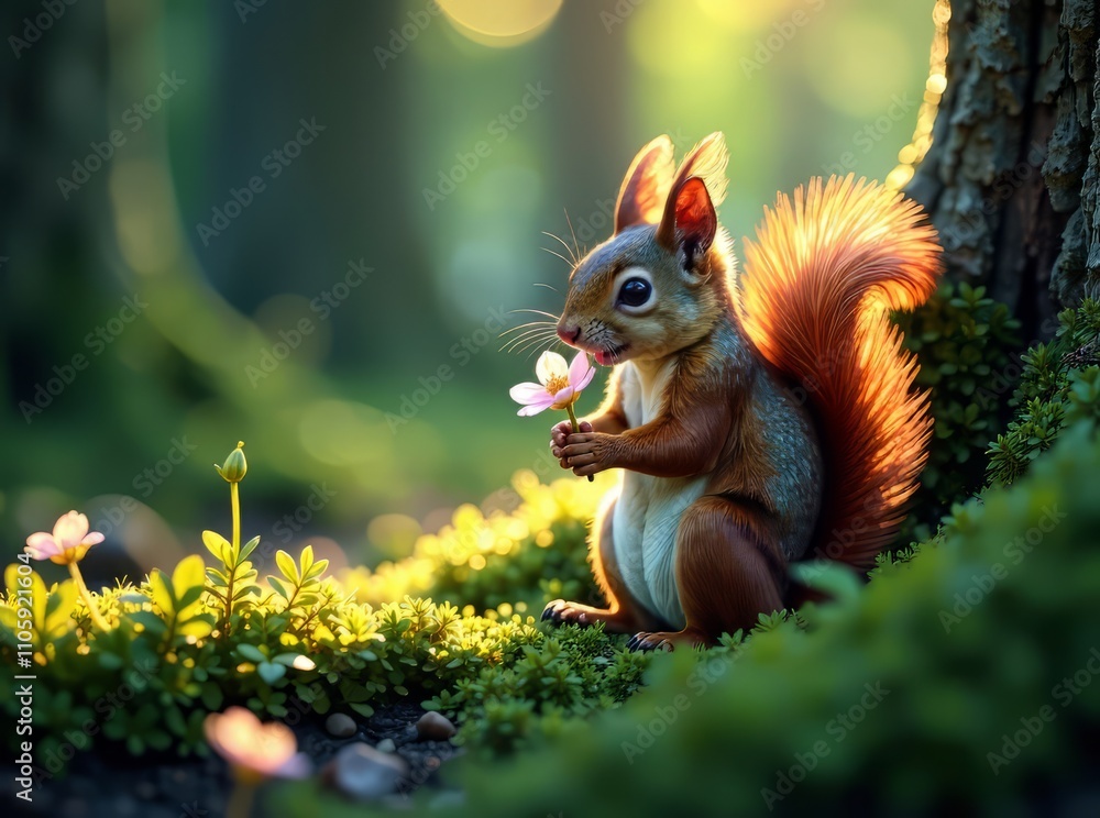 Fototapeta premium Squirrel with Flower, Deep Forest Mood, Artistic Photo