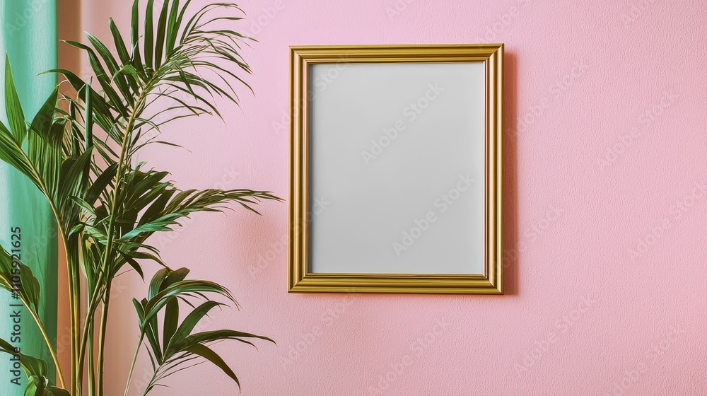Minimalist Gold Frame Against Soft Pastel Wall with Tropical Greenery Minimalist Gold Frame Against Soft Pastel Wall with Tropical Greenery