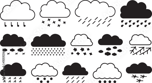 A set of black and white weather icons, depicting various precipitation types like rain, snow, and sleet.