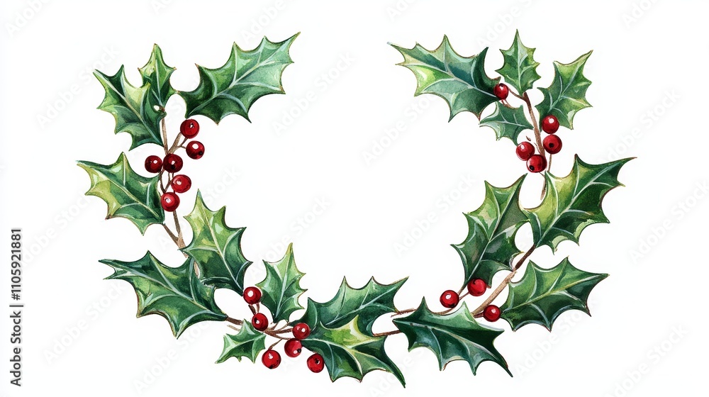 Minimalist Elegant Christmas Holly Wreath with Berries for Holiday Greeting Card Design Minimalist Elegant Christmas Holly Wreath with Berries for Holiday Greeting Card Design
