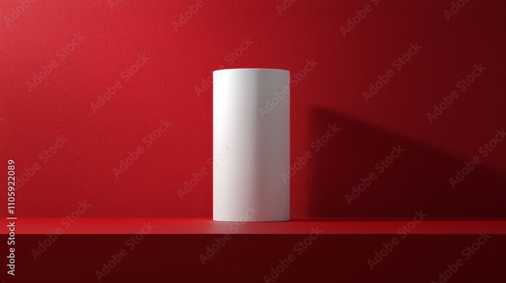 Minimalist Cylinder Pedestal on Solid Red Background Minimalist Cylinder Pedestal on Solid Red Background