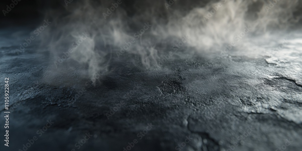 Fototapeta premium A dimly lit area is filled with swirling fog and shadows, creating an eerie and mysterious atmosphere. The light illuminates the fog, enhancing the ambiance.