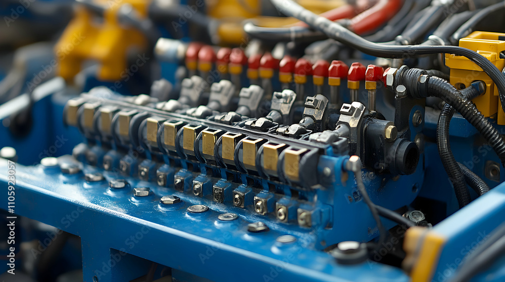 Industrial Machinery, Close-up of Complex Blue Metal Hydraulic System with Valves and Piping
