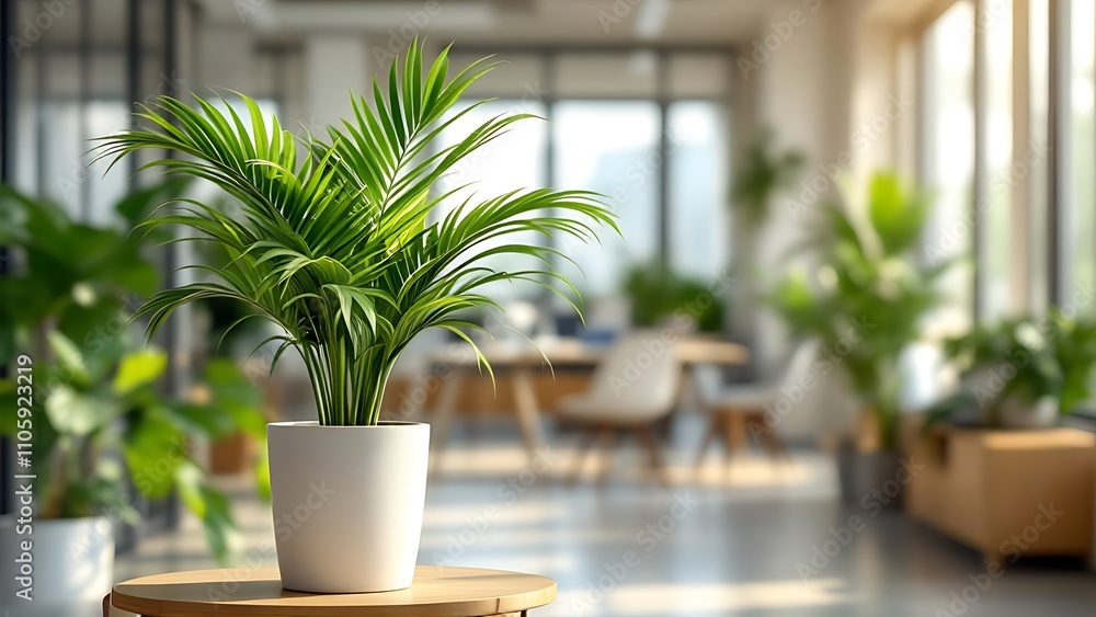 Fototapeta premium A minimalist office space with clean, white walls and simple furniture. Potted plants are scattered around, adding a touch of green to the scene