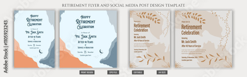 Retirement flyer natural celebration party invitation set social media post squire size a4 brochure boho bohemian style vintage flyer traditional clean scenery beautiful view print ready template.