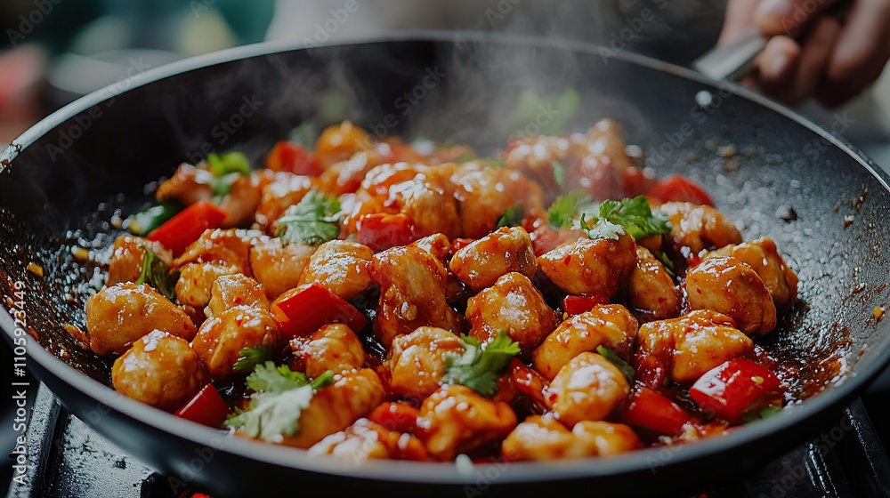 Close-up of steaming chicken stir-fry with red bell peppers and cilantro in a black skillet. Close-up of steaming chicken stir-fry with red bell peppers and cilantro in a black skillet.