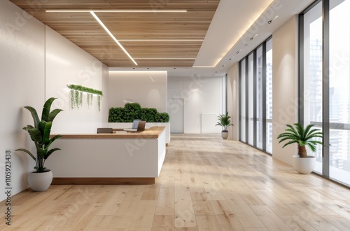 Modern office reception with greenery and light.