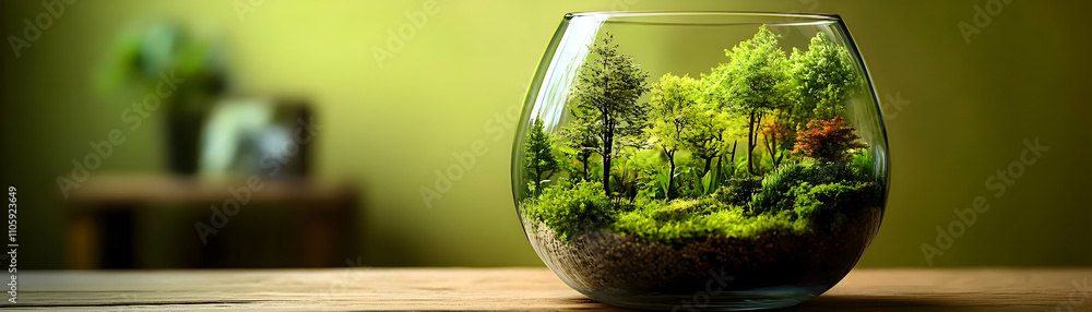 Miniature Forest in Glass Globe, A captivating scene of lush greenery and miniature trees, artistically displayed in a glass terrarium on a wooden surface, creating a serene and tranquil ambiance. Miniature Forest in Glass Globe, A captivating scene of lush greenery and miniature trees, artistically displayed in a glass terrarium on a wooden surface, creating a serene and tranquil ambiance.