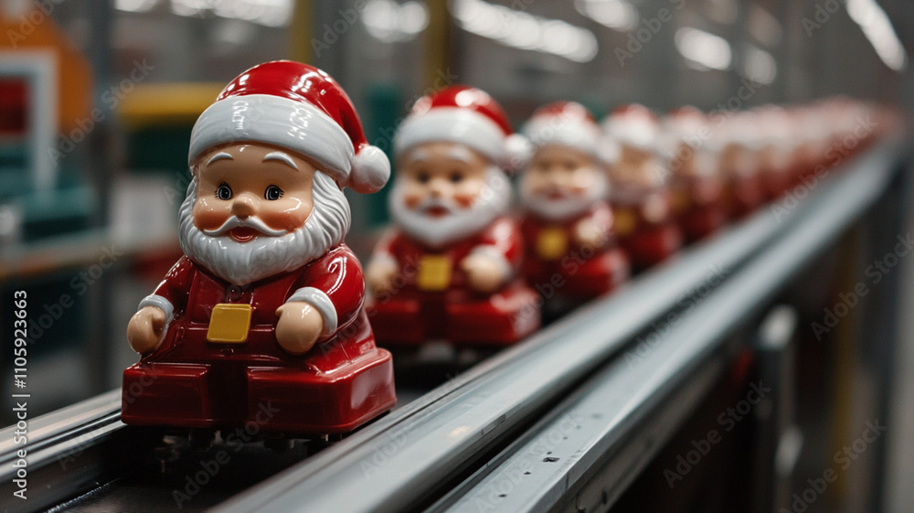 Naklejka premium santa claus dolls on conveyor in factory