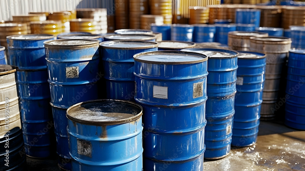 Industrial Blue Barrels, A Stock Photo of Stacked Chemical Storage Drums Outdoors Industrial Blue Barrels, A Stock Photo of Stacked Chemical Storage Drums Outdoors