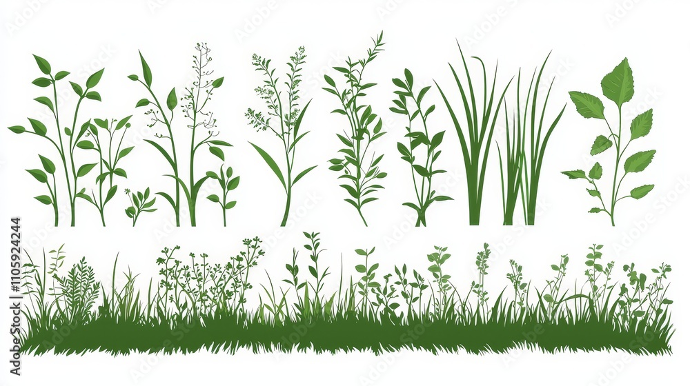 Fototapeta premium Lush Green Foliage Silhouette with Cartoon Style Plants and Shrubs