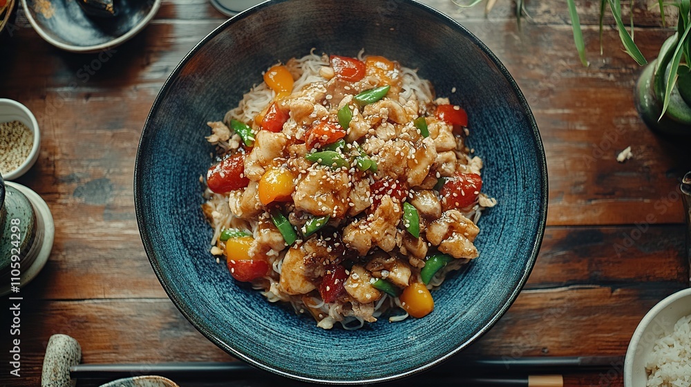 Delicious chicken stir-fry with vegetables and noodles served on a rustic wooden table. Delicious chicken stir-fry with vegetables and noodles served on a rustic wooden table.