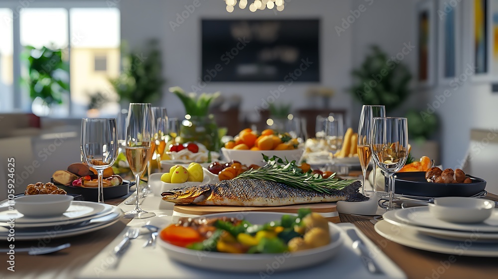A modern dining table with an elegant food setup, including grilled fish, colorful side dishes, and a fresh dessert selection A modern dining table with an elegant food setup, including grilled fish, colorful side dishes, and a fresh dessert selection