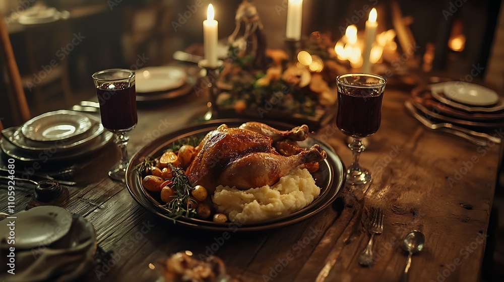 Fototapeta premium A rustic dining table with home-cooked comfort food, such as roasted chicken, mashed potatoes, and vegetables, creating a warm atmosphere