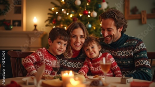 Joyful Christmas Dinner with a Happy Family in Red Sweaters