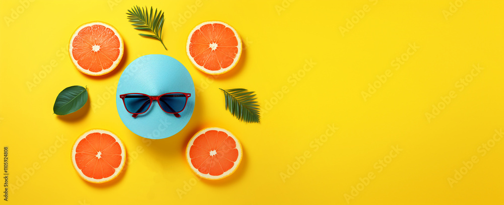 Bright and vibrant summer banner with orange and yellow tones, featuring a sunny beach scene and ample copy space for vacation promotions Bright and vibrant summer banner with orange and yellow tones, featuring a sunny beach scene and ample copy space for vacation promotions