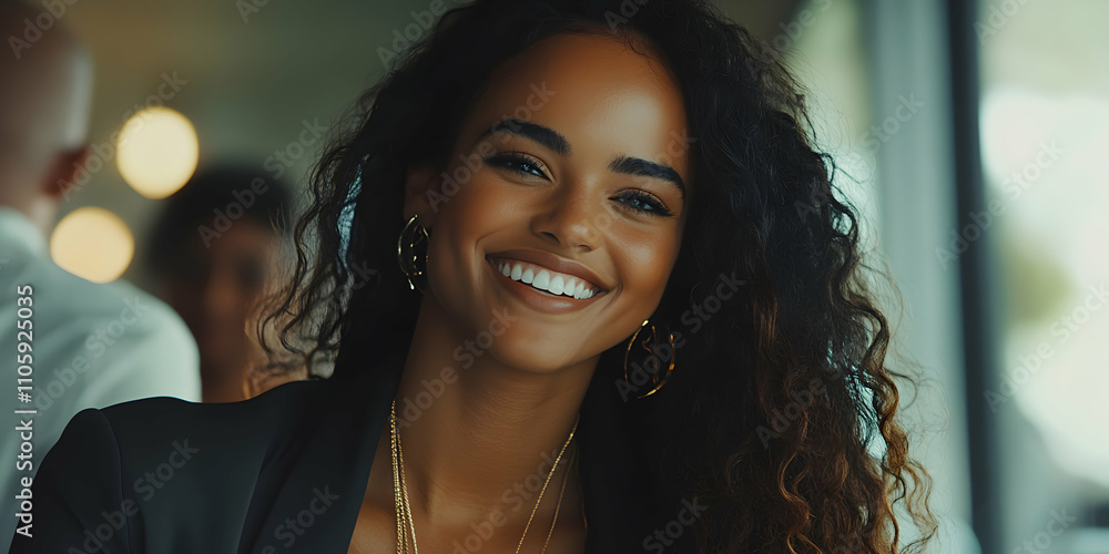 Portrait of a Smiling Woman with Curly Hair, Wearing Gold Jewelry ...
