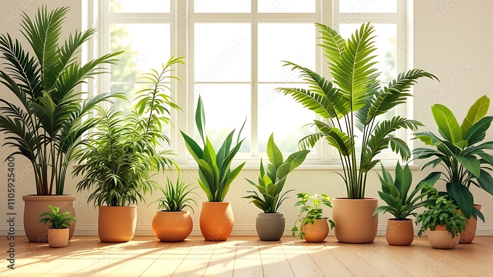 Bright, minimalist room with lush green plants in ceramic pots along sunlit windows, creating a serene and natural indoor environment. Bright, minimalist room with lush green plants in ceramic pots along sunlit windows, creating a serene and natural indoor environment.