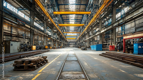 Industrial Factory Interior, Sunlit Warehouse with Steel Beams and Railway Tracks