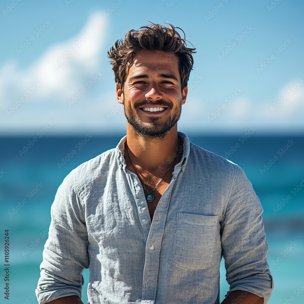 Smiling Man on the Beach - A Radiant Portrait of Happiness and Style Smiling Man on the Beach - A Radiant Portrait of Happiness and Style