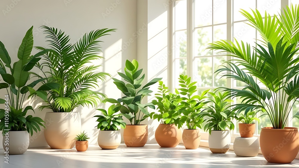 Bright, minimalist room with lush green plants in ceramic pots along sunlit windows, creating a serene and natural indoor environment. Bright, minimalist room with lush green plants in ceramic pots along sunlit windows, creating a serene and natural indoor environment.